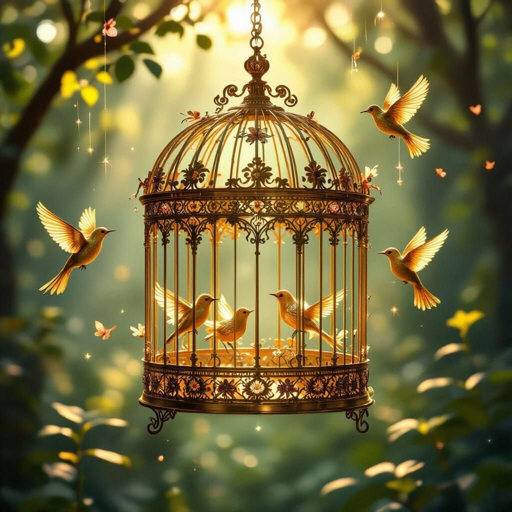 Ornate Golden Birdcage in Sunlit Forest Clearing