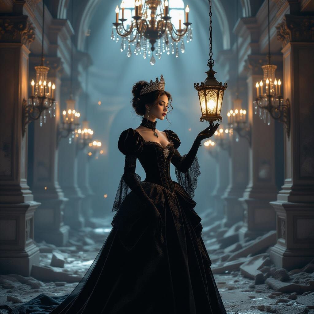 Victorian Queen in Ruined Ballroom with Lantern
