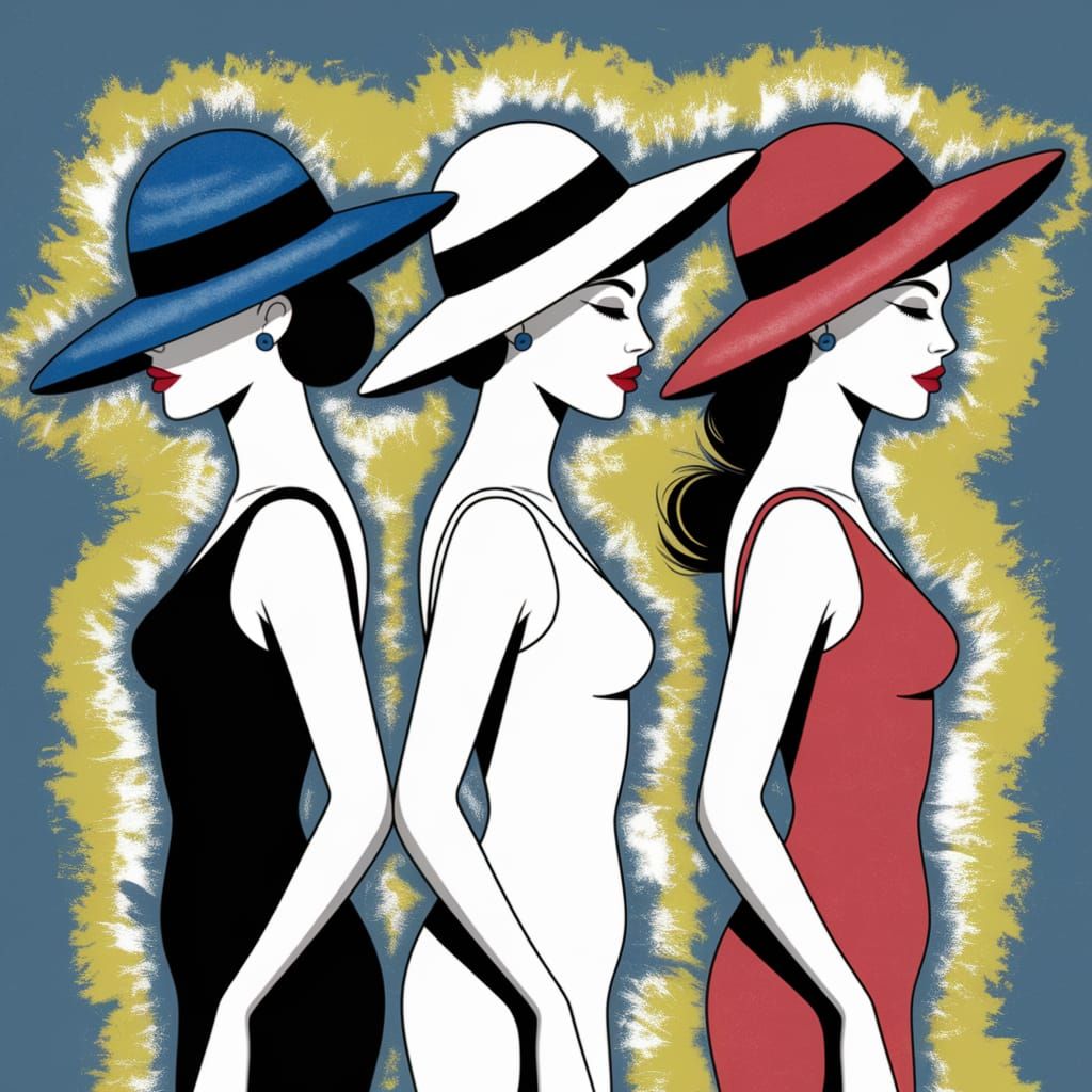 Three Women in Hats: Abstract Impasto Gouache