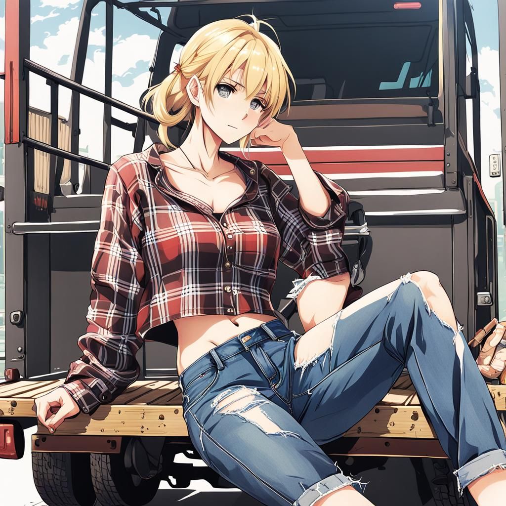 Anime Style Blonde Girl on Truck Bed