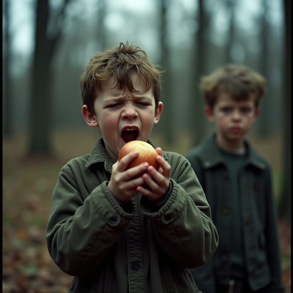 Boy's Frustration with Dull Apple: Cinematic Film Still