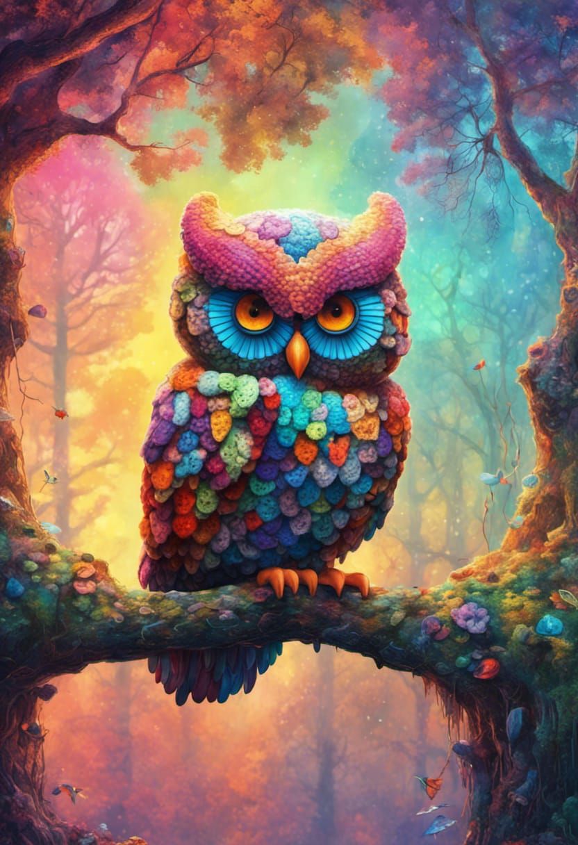 Detailed Crochet Owl and Forest Illustration