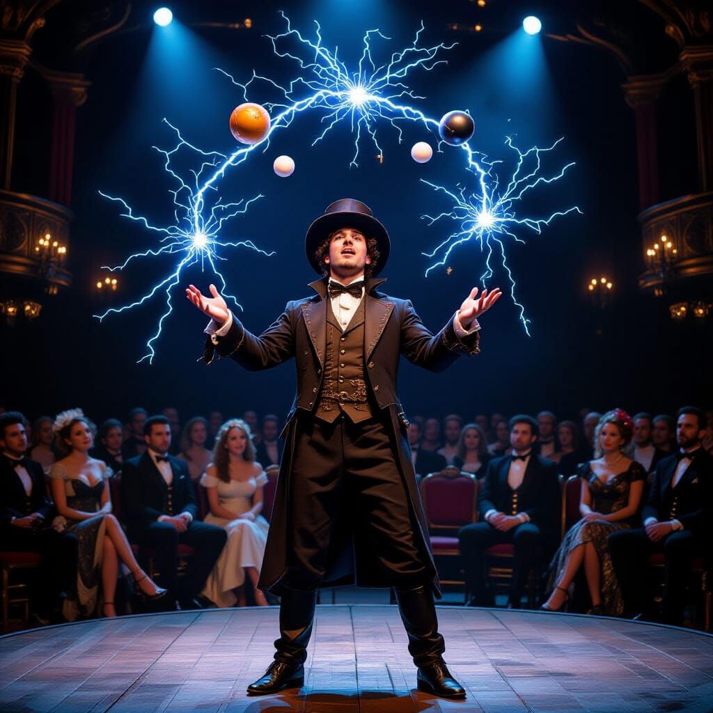 Steampunk Wizard Juggles Electricity for Theater Audience