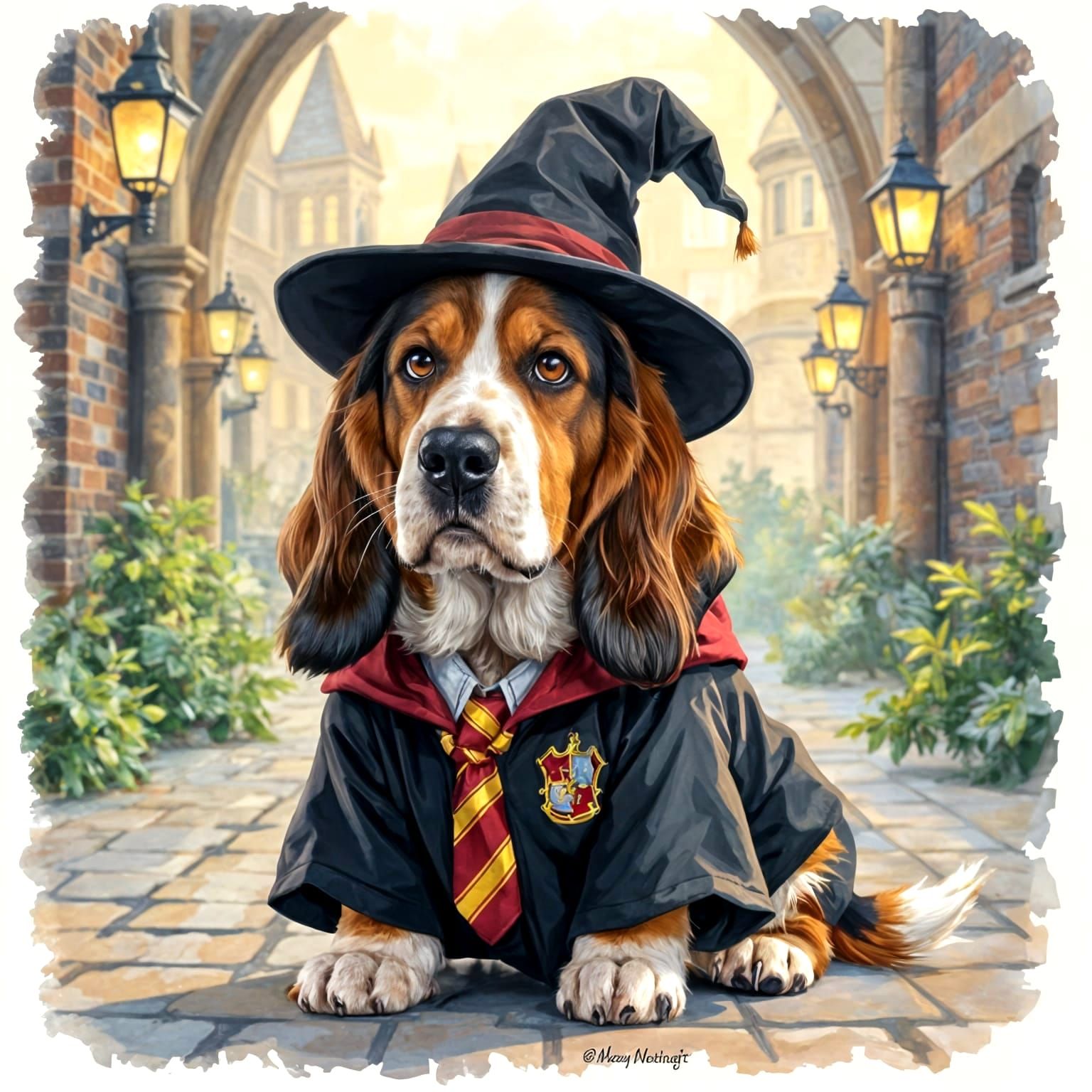 Shy Basset Hound in Harry Potter Costume with Sorting Hat