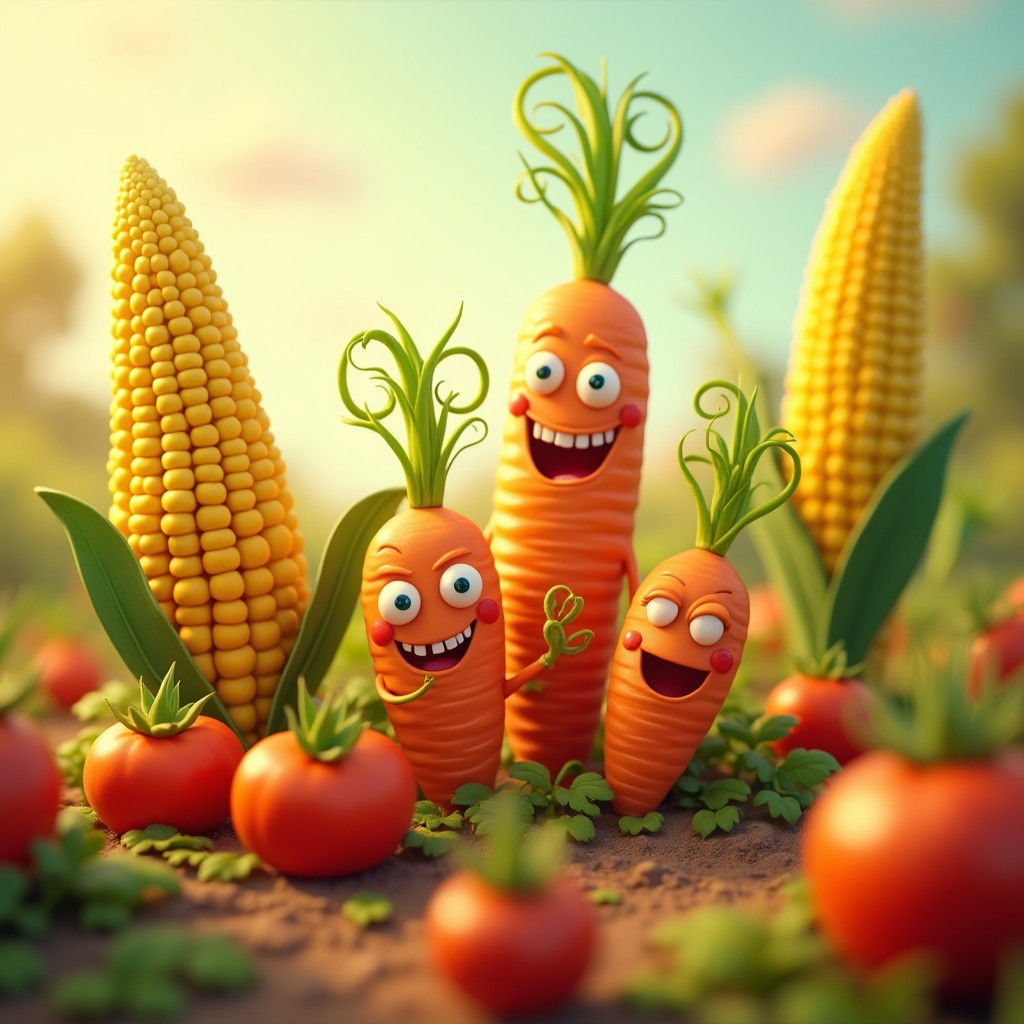 Whimsical Garden with Smiling Vegetables, Detailed Matte Pai...