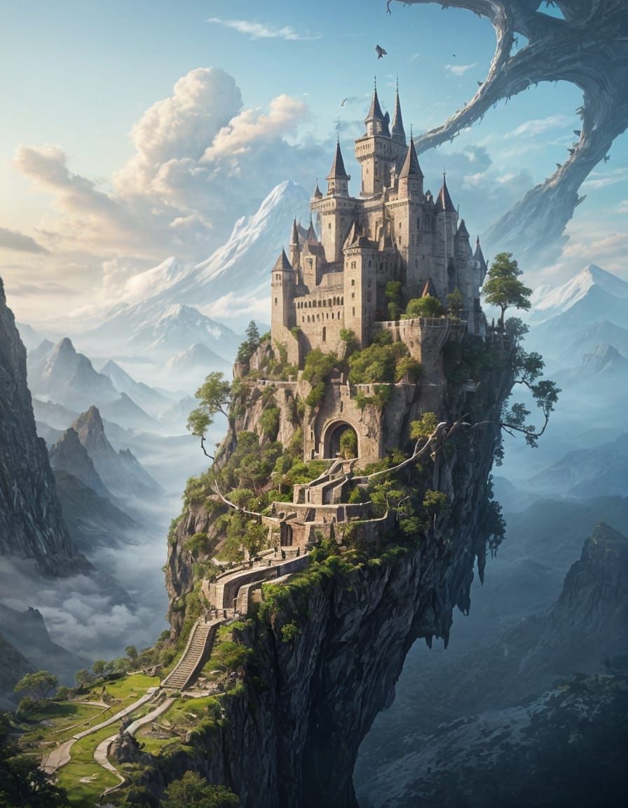 Floating Island Fortress in Matte Illustration Style