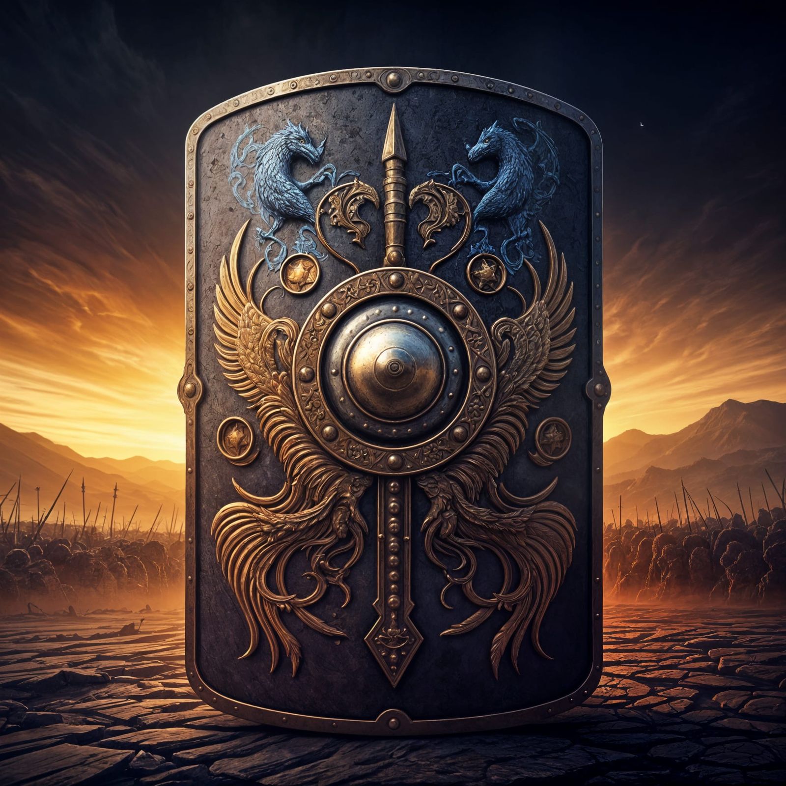 Mystical Roman Shield in Dramatic Battlefield Scene