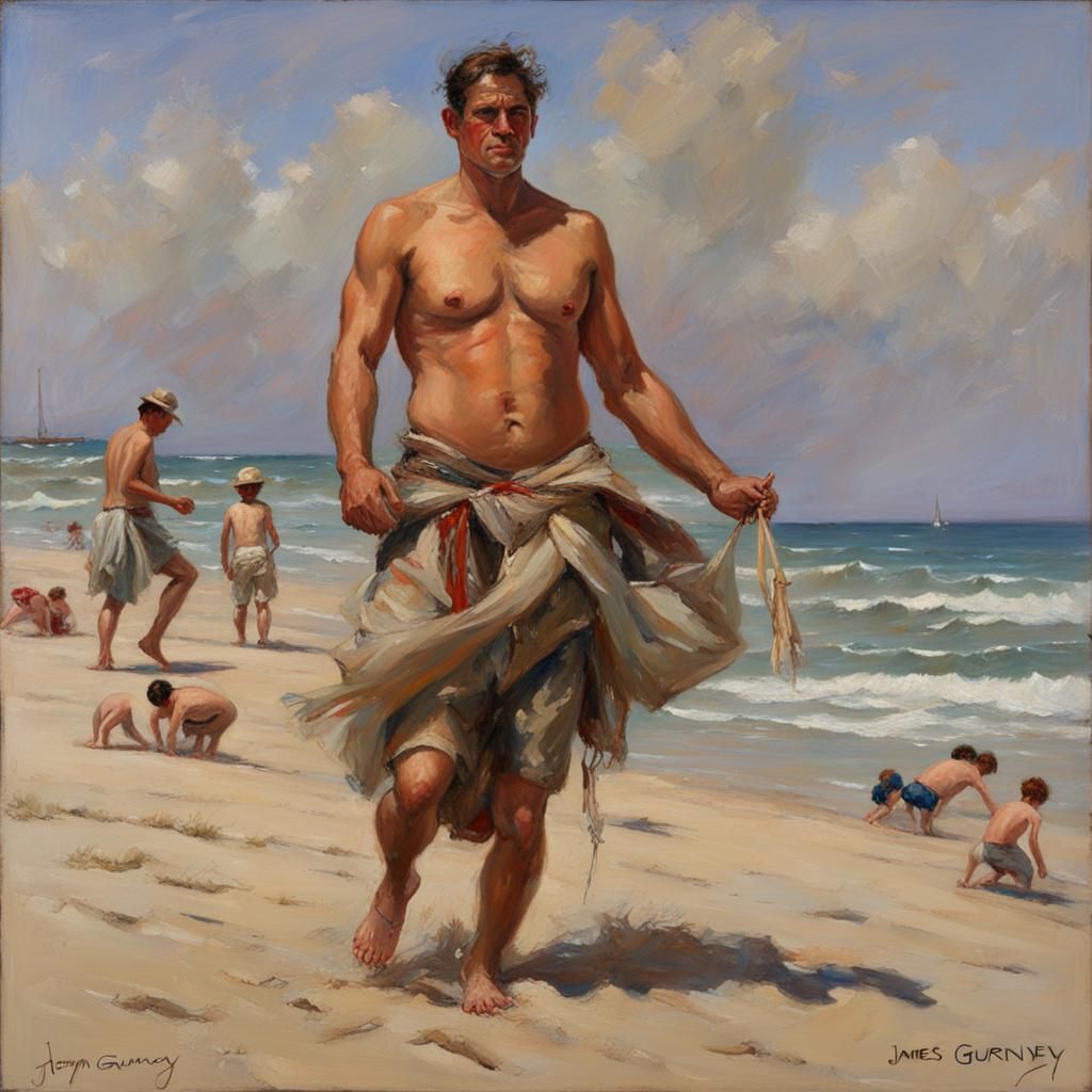 New Year's Celebration with Men on Beach as Oil Painting
