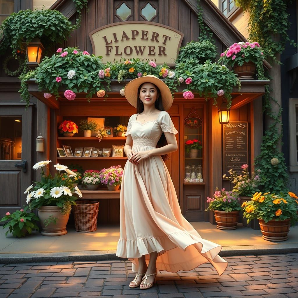 Whimsical Flower Shop Scene in Soft, Golden Light