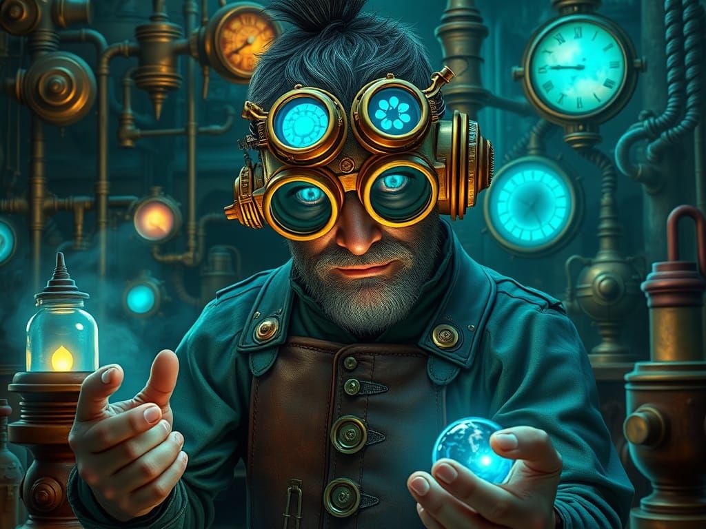 Mystical Inventor in Steam-Powered Aetherpunk Laboratory