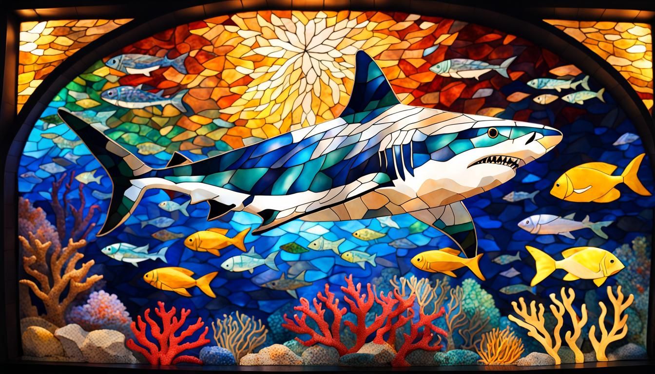 Stained Glass Mosaic Shark in Coral Reef