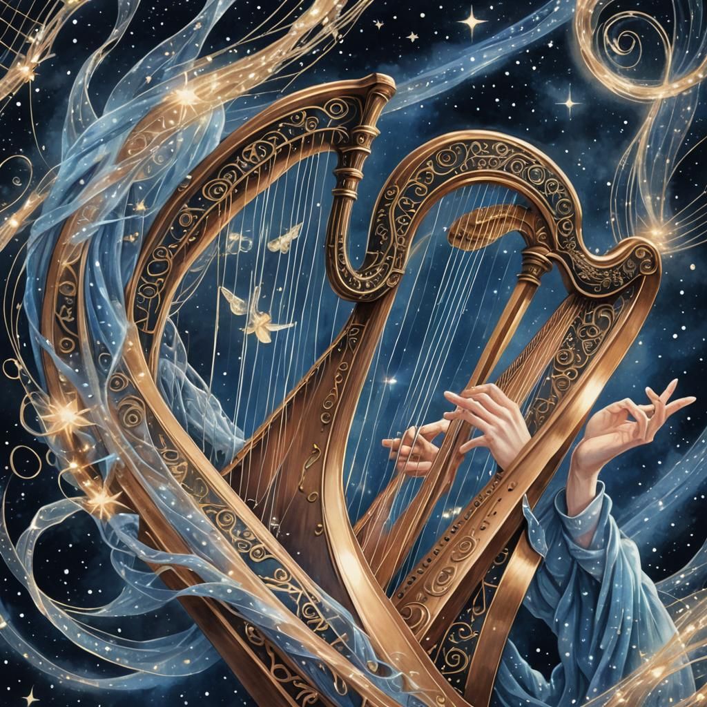 Ethereal Harpist in Starry Sky: Ink Painting