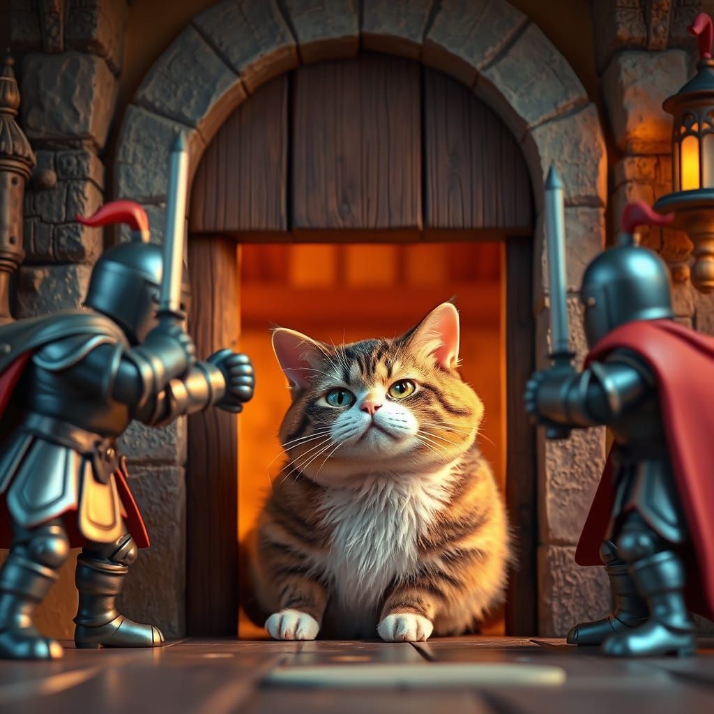 Overweight Cat Stuck in Claymation Castle Cat Flap