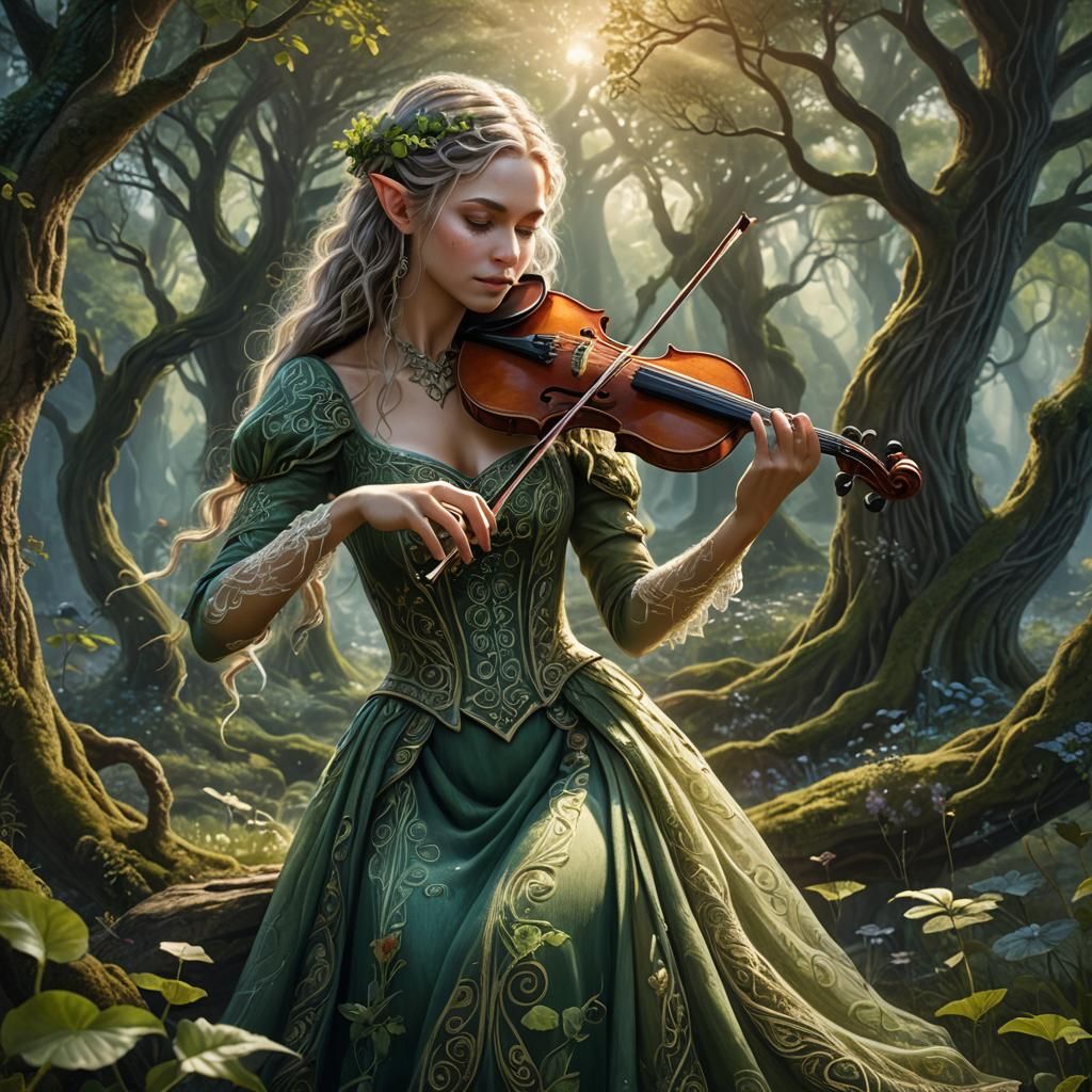 Enchanting Elf Musician in Mystical Forest Glade