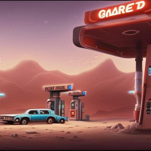 Retro Gas Station on Mars: Detailed Matte Painting