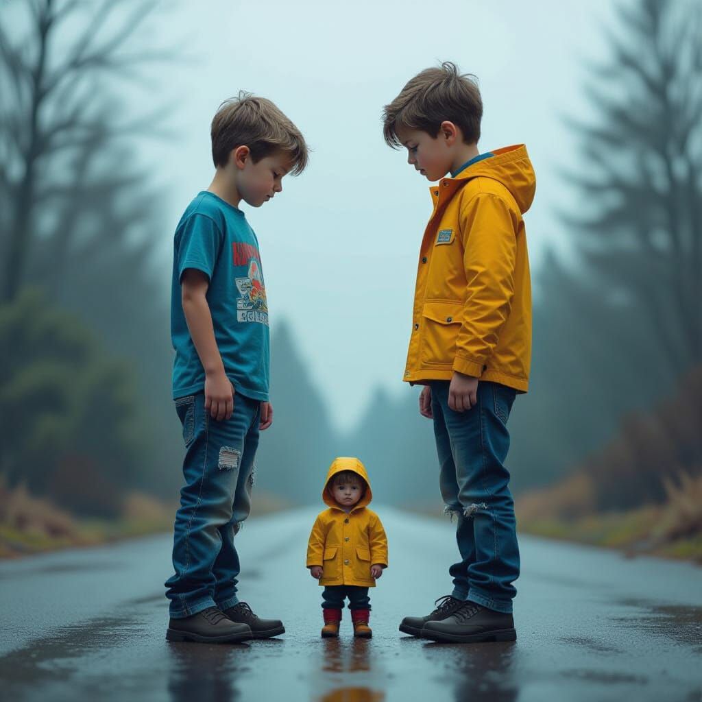 Giant Boy Towers Over Smaller Boy: Double Exposure