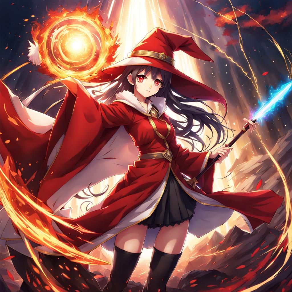 Anime Wizard with Explosion-Tipped Staff