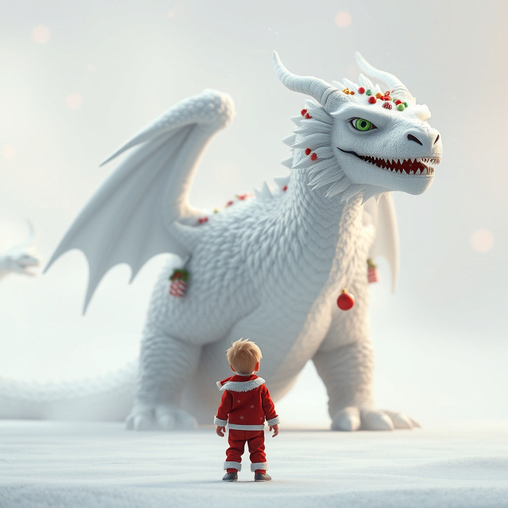 Boy Meets Majestic White Dragon in Winter Wonderland Scene