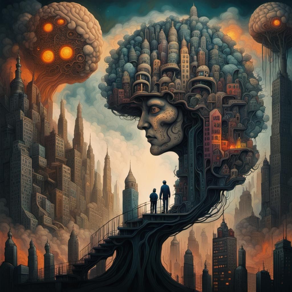 Psychedelic Cybernetic Brain Cityscape in Surreal Style
