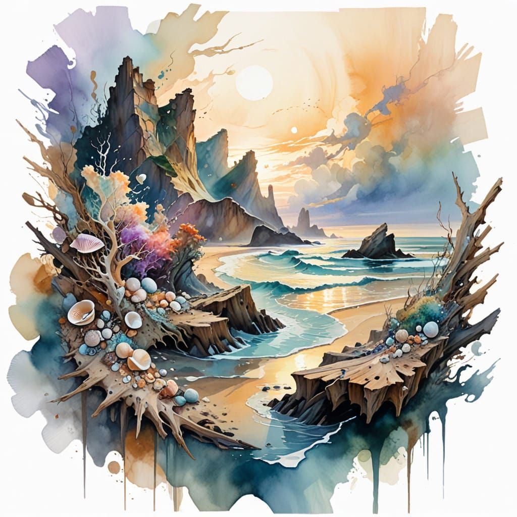 Coastal Sunrise: Expressionist-Abstract Fractal Symphony