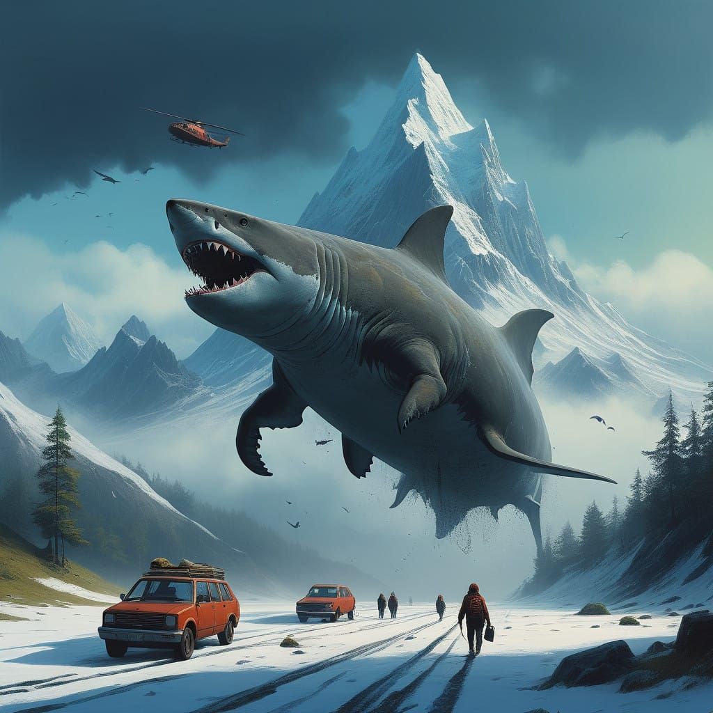 Surreal Alpine Shark Cow Hybrid in a Whirlwind of Mist and M...