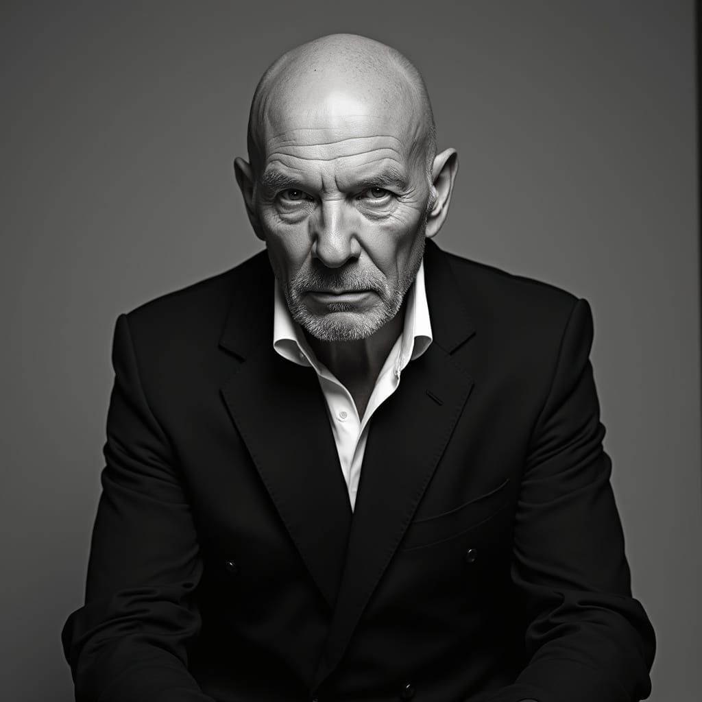 Sir Patrick Stewart: Intense Black and White Portrait in the...