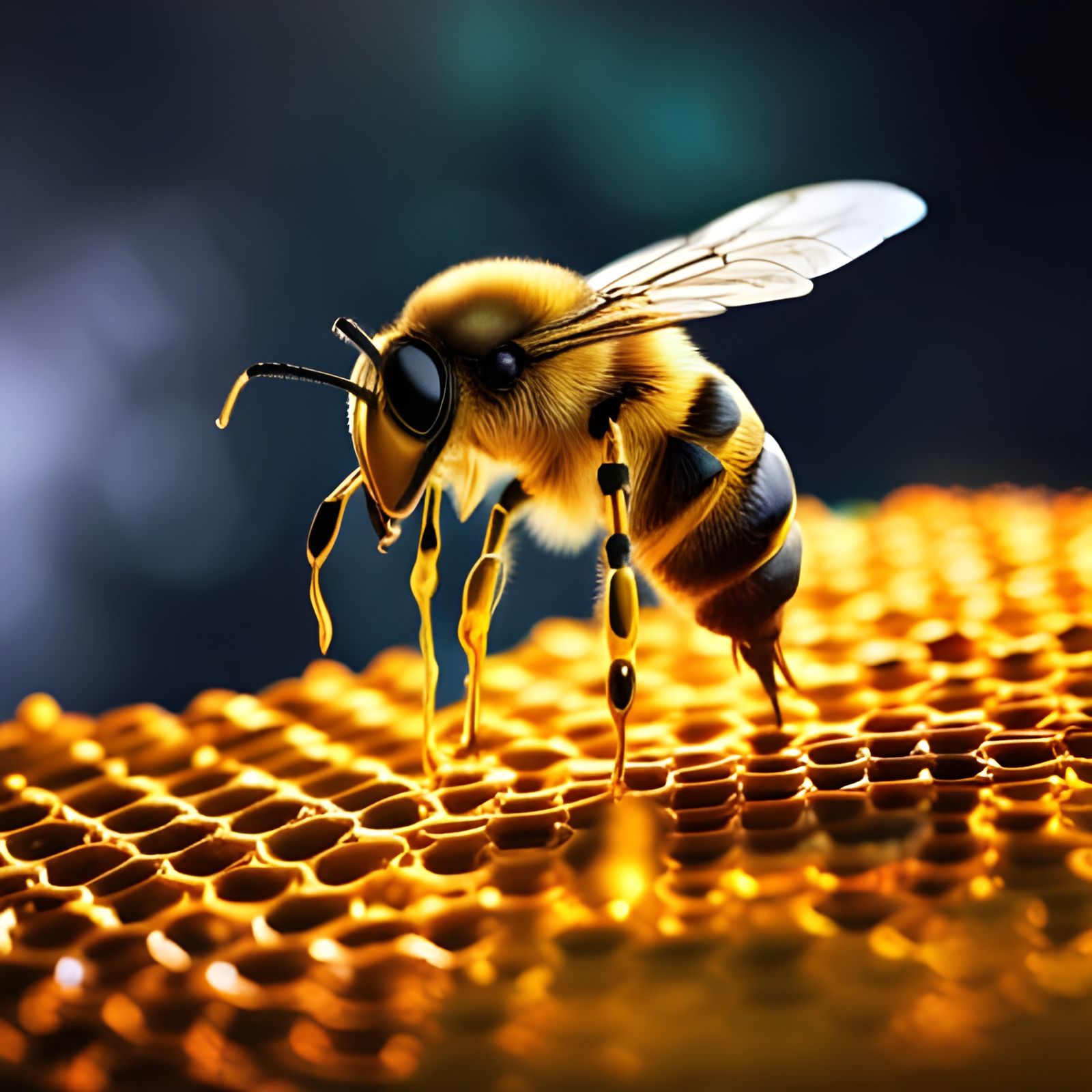 Bee on Honeycomb with Golden Honey: Fantasy Art