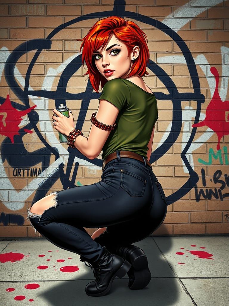 Punk Woman Graffiti Artist in Comic Book Style