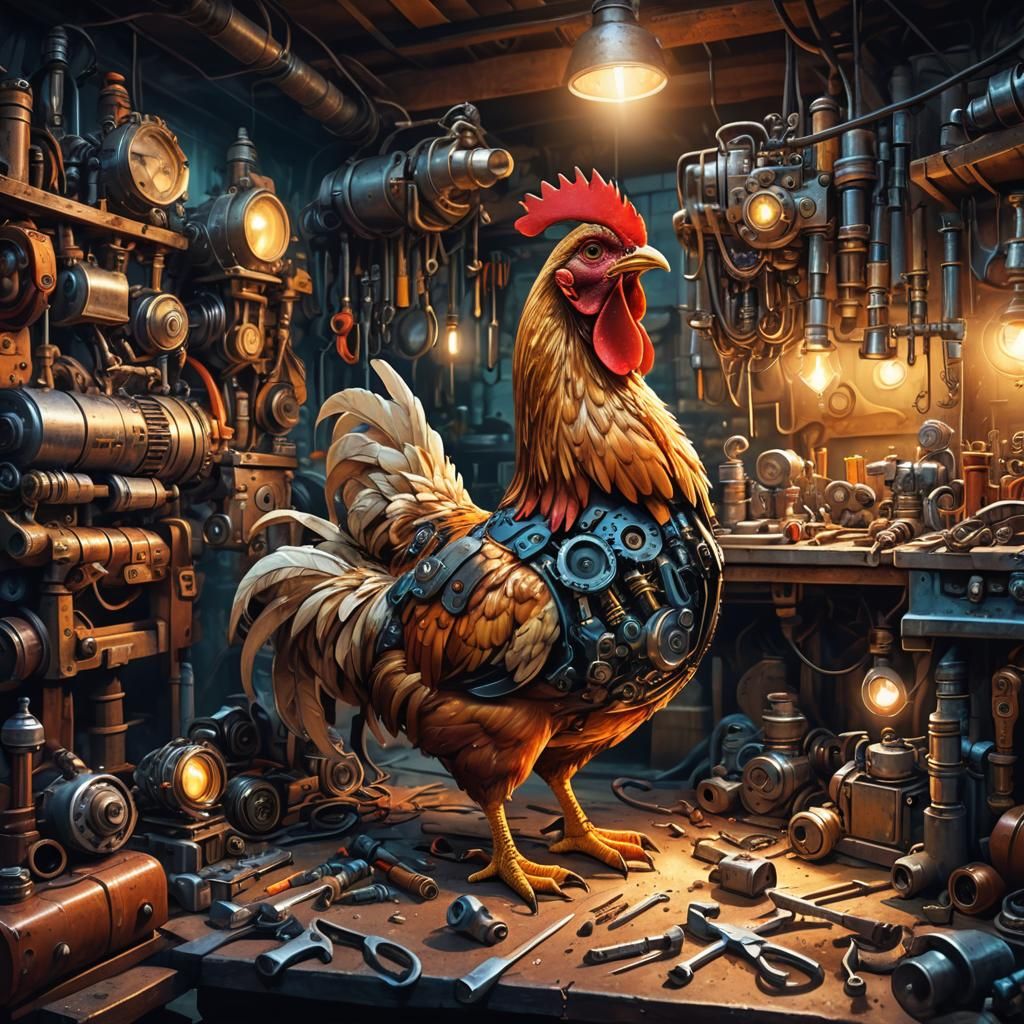 Chicken Mechanic Tinkering with Glowing Engine