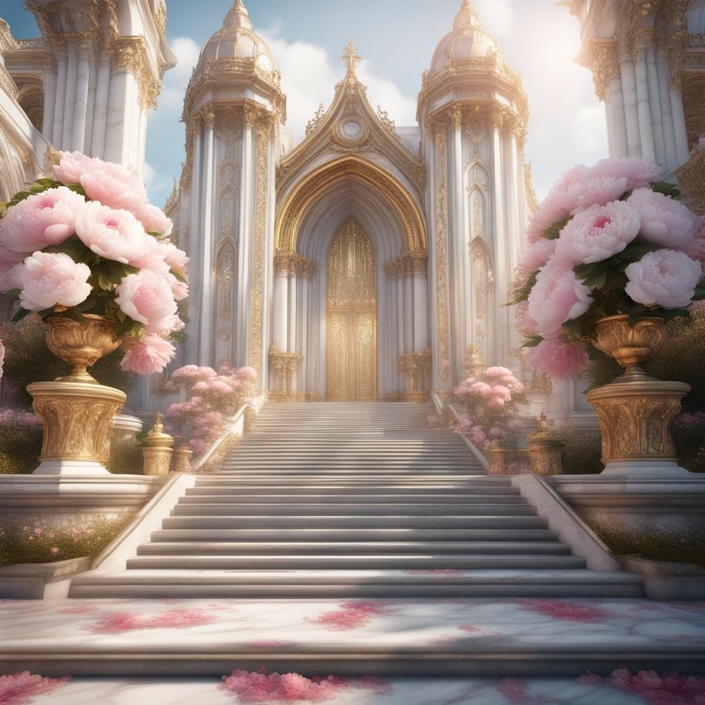 Ethereal Cathedral Surrounded by Peonies: Fantasy Concept Ar...