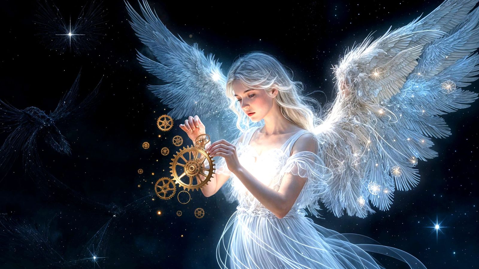 Ethereal Angel Assembling Clockwork Mechanism in Starlight