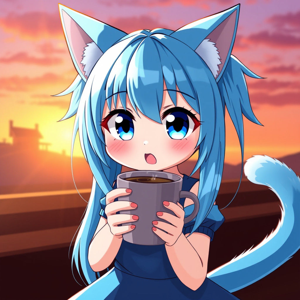 Cute Anime Catgirl Drinking Coffee at Sunrise