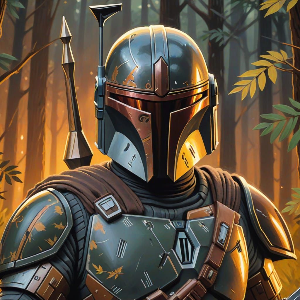 The Mandalorian in Dark Forest Gouache Painting