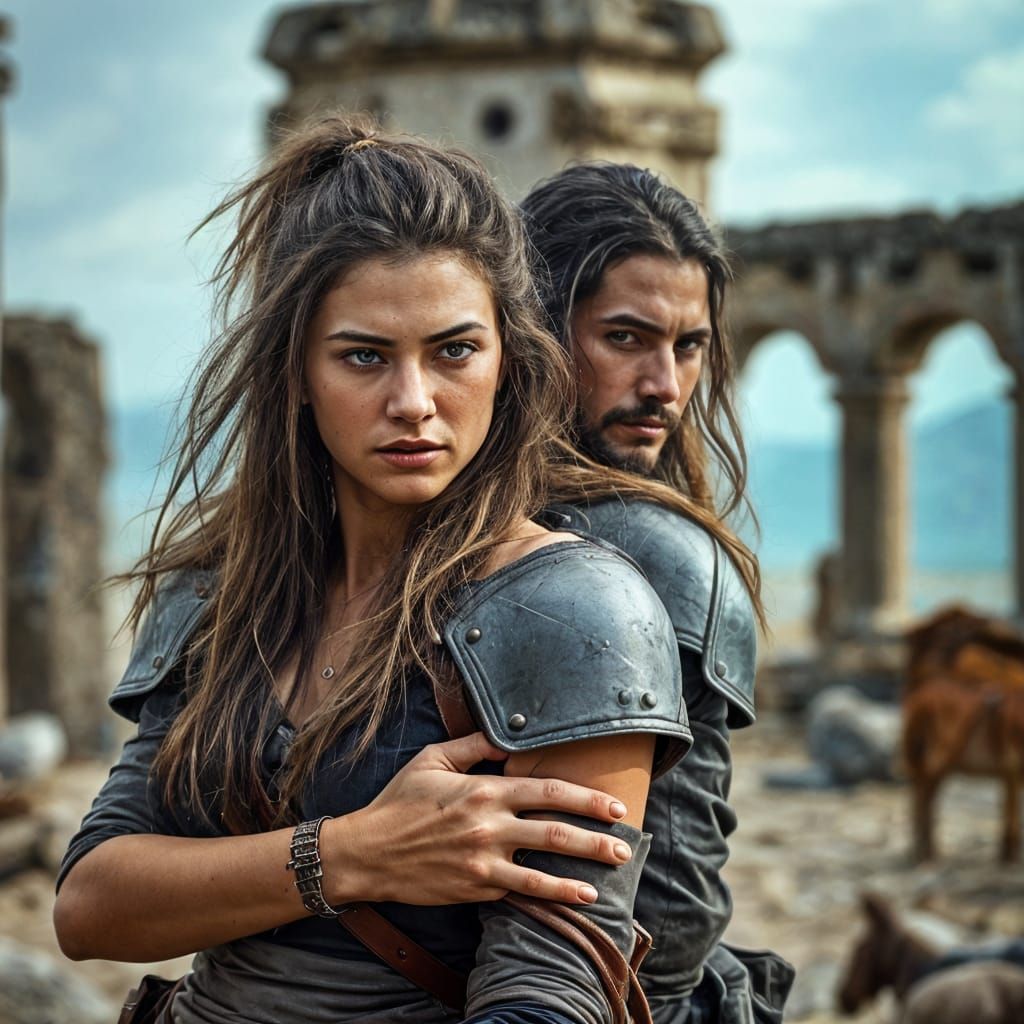 Wounded Warriors Embrace in Ancient Ruins