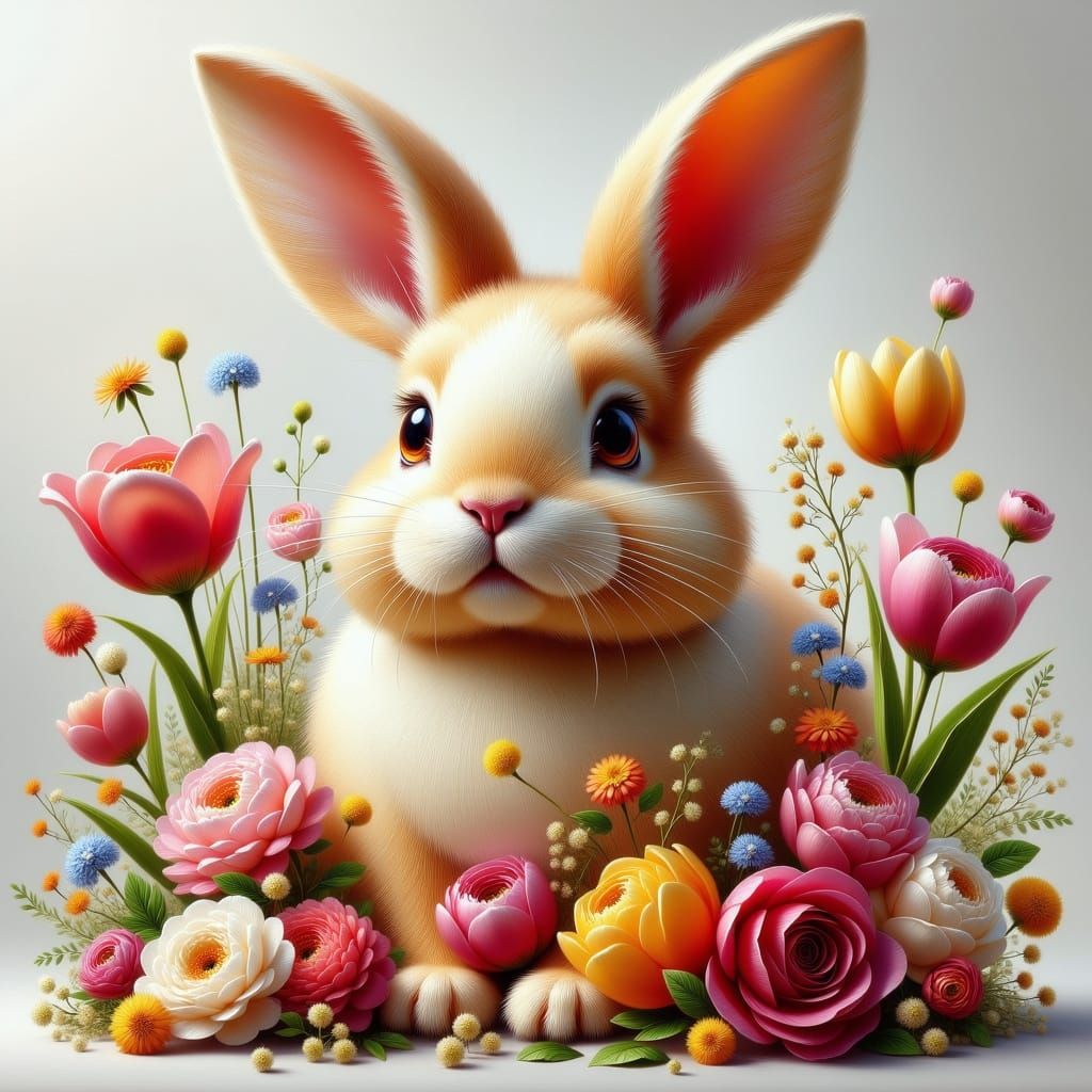 Whimsical Floral Bunny in Hyper-Realistic Oil Painting Style