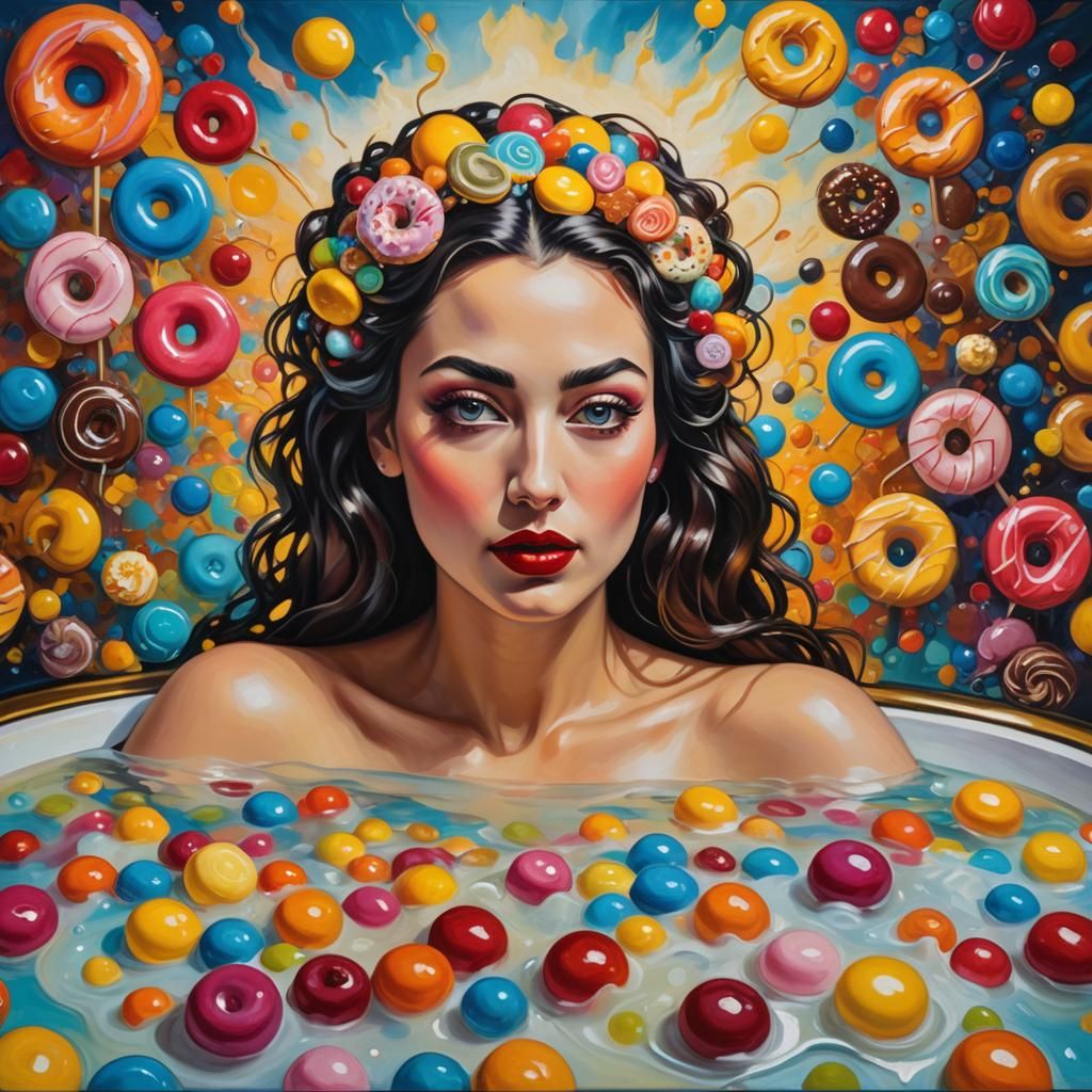 Woman in Candy Bath, Neo-Impressionist Oil Painting