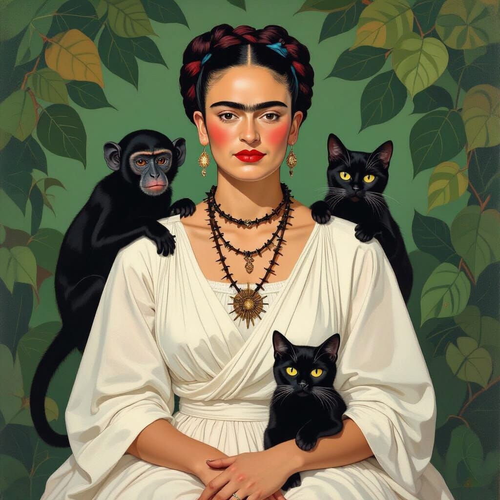 Frida Kahlo Portrait with Monkey and Cat in Surreal Style