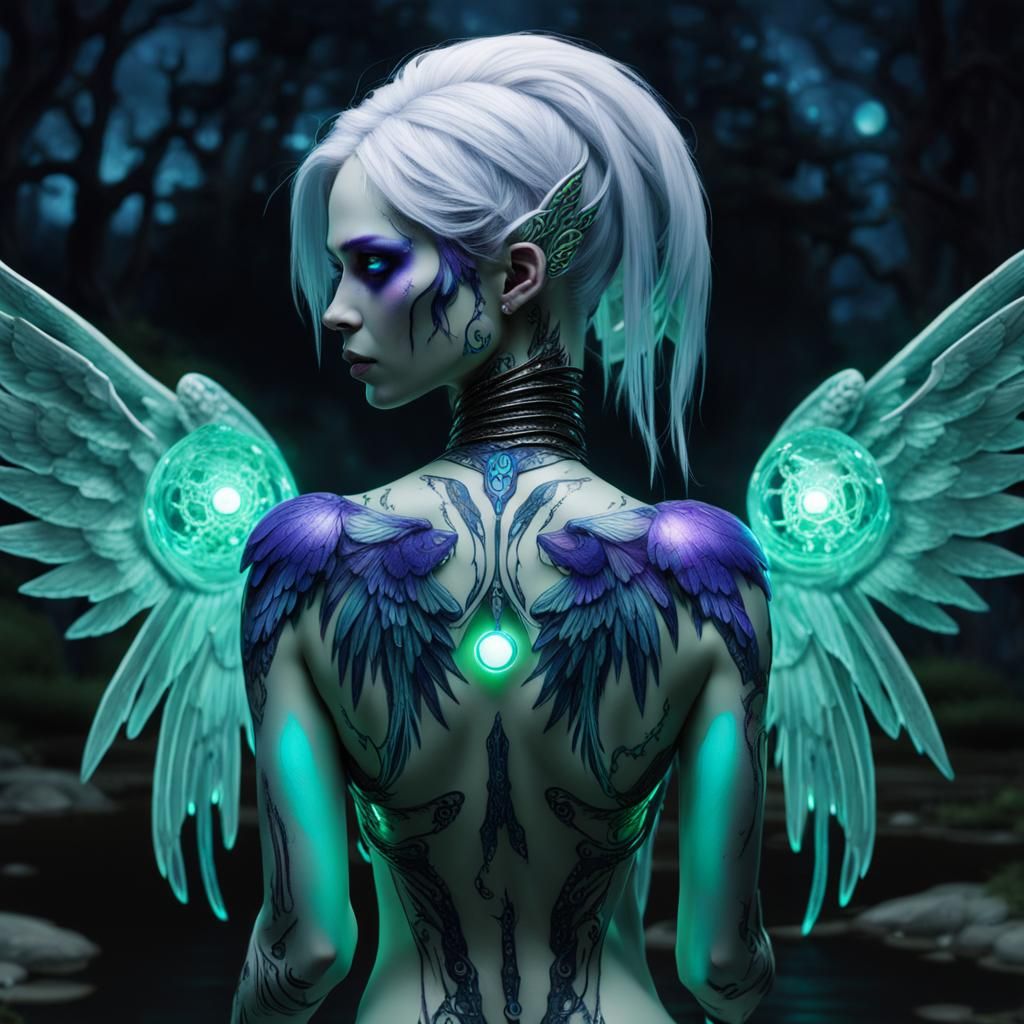 Gothic Cyborg Angel with Bioluminescent Accents