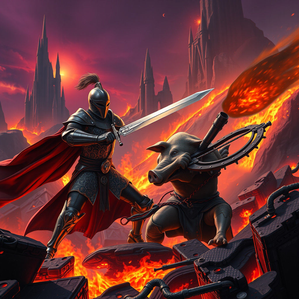 Knight Battles Pig Warrior in Fiery Hellscape