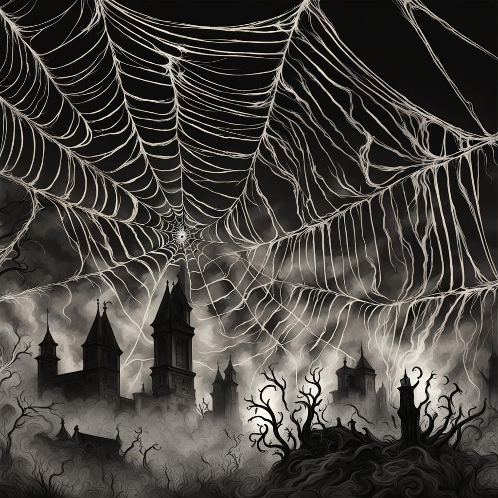 Monochromatic Gothic Spiderwebs Digital Illustration