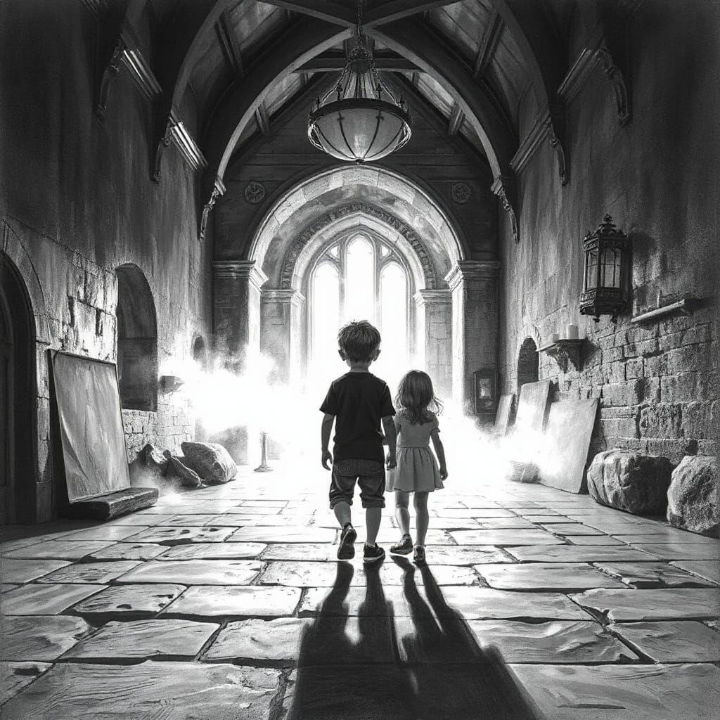 Children Explore an Ancient Castle in a Dark, Moody Drawing