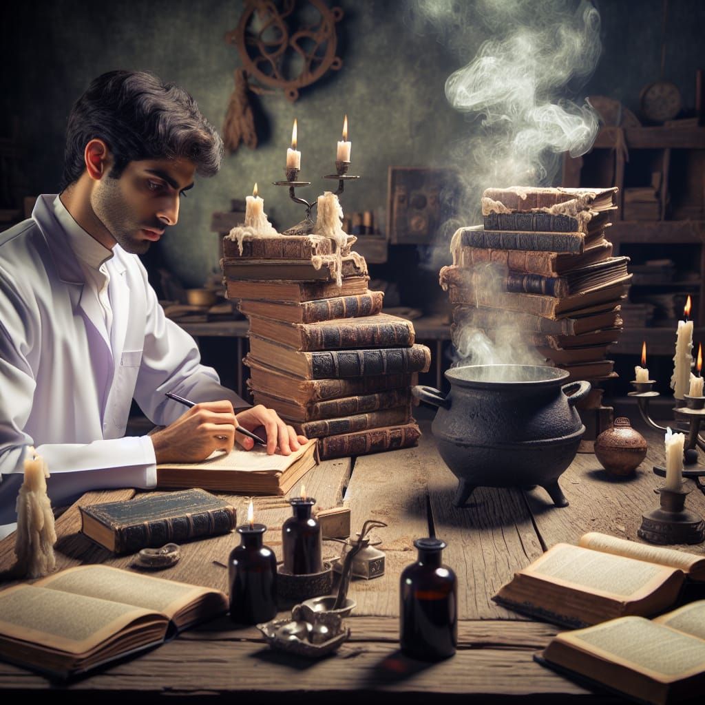 Nurse Practitioner Student's Desk with Bubbling Cauldron