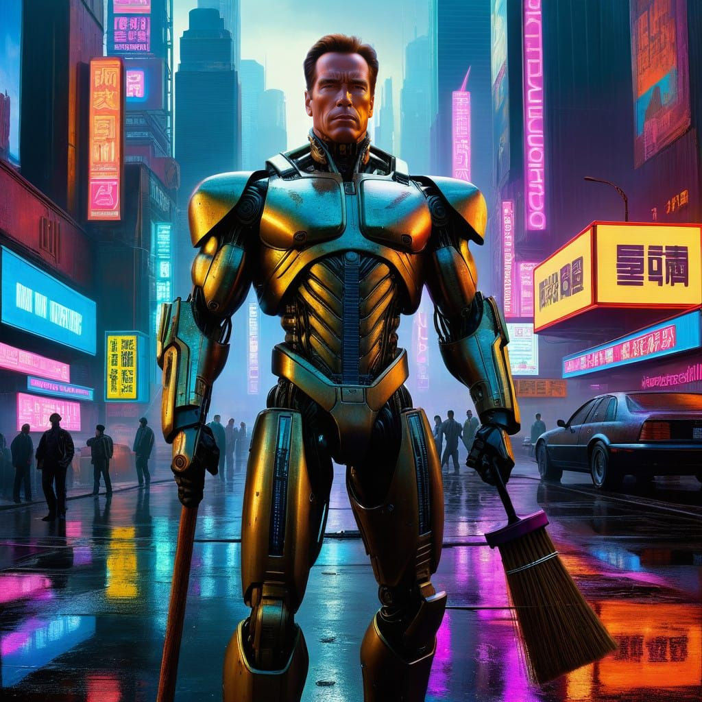 Android Street Cleaner in Retrofuturistic Oil on Canvas