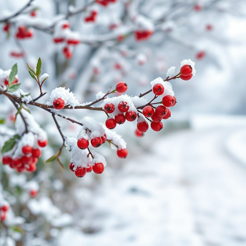 Snowy Rowan Berry Branch with Watercolor Bokeh Background