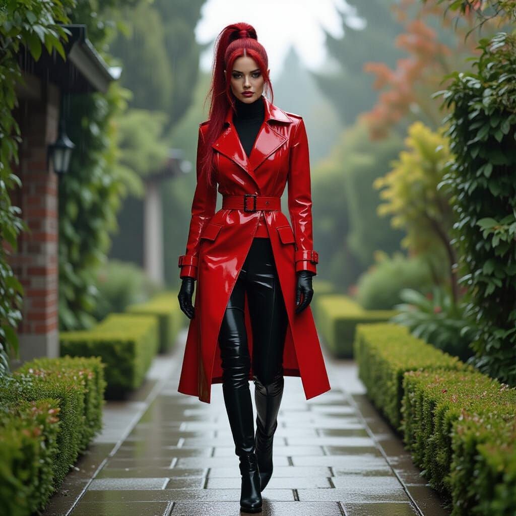 Crimson Latex Figure on Rainy Garden Path