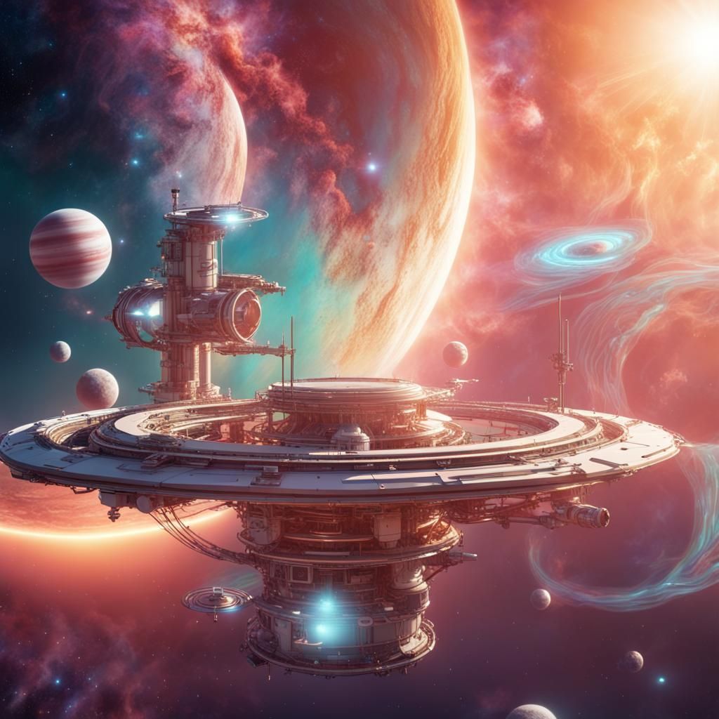 Futuristic Space Station Orbiting Jupiter at Sunrise