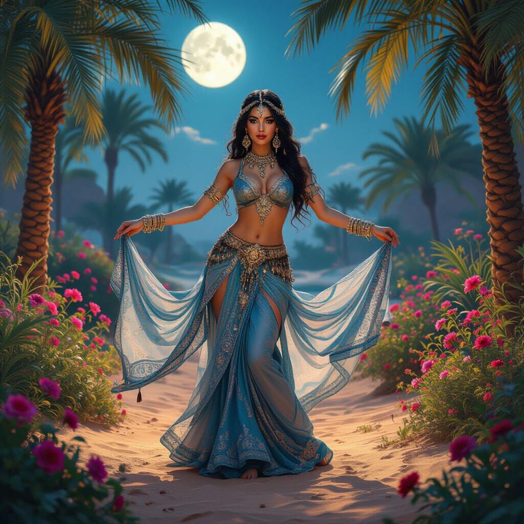 Belly Dancer in Oasis: Matte Painting Style