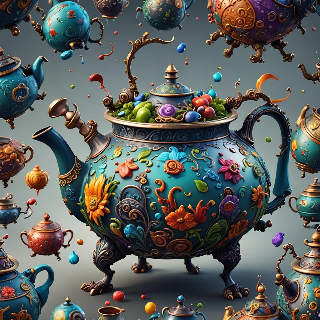 Funny Teapot with Arms and Legs in Detailed Matte Painting