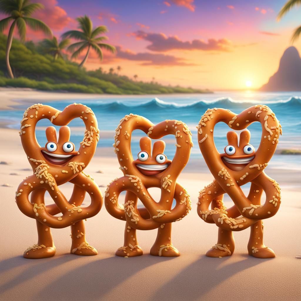 Smiling Pretzel People on Hawaii Beach