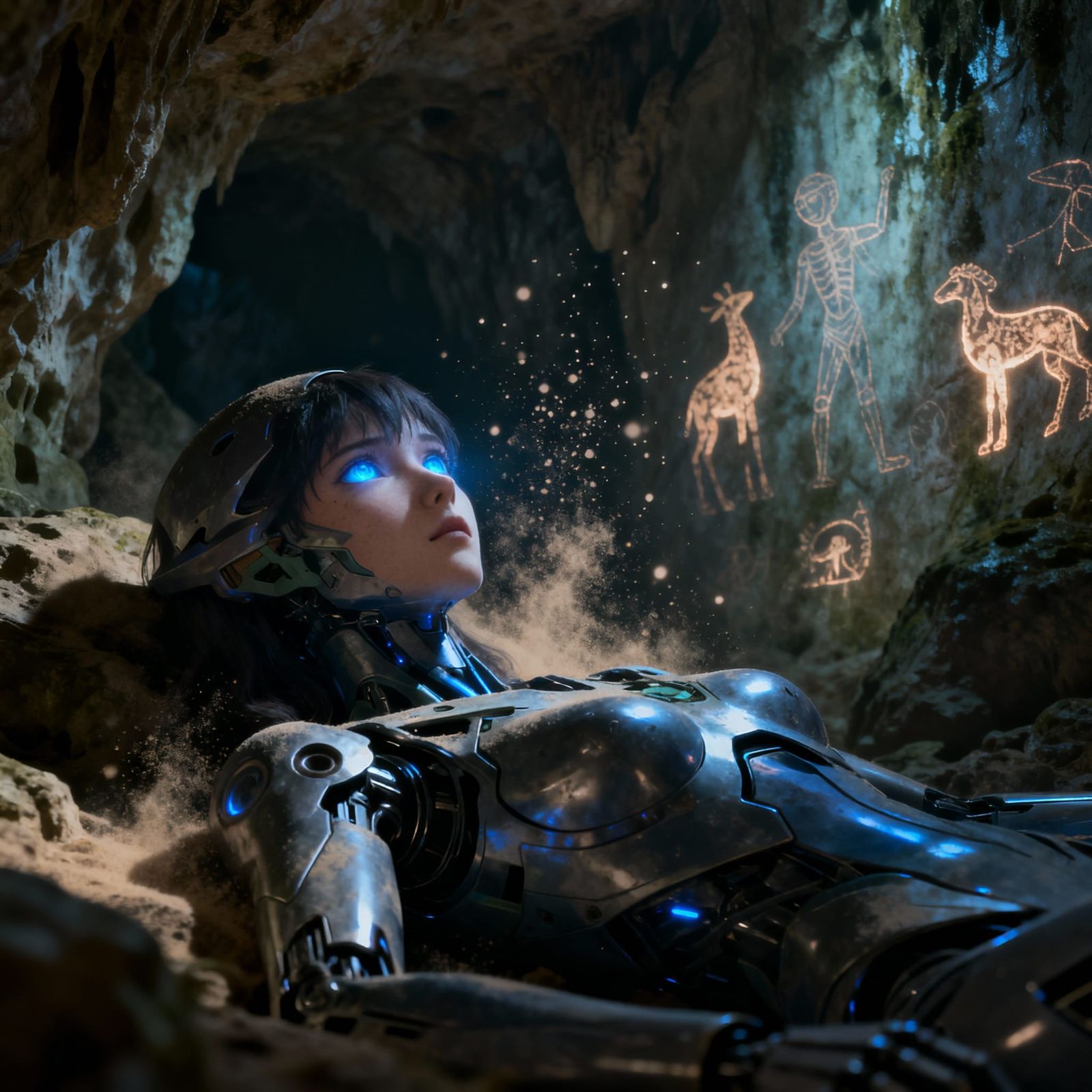 Futuristic Android EVA Awakens in Mysterious Glowing Cave